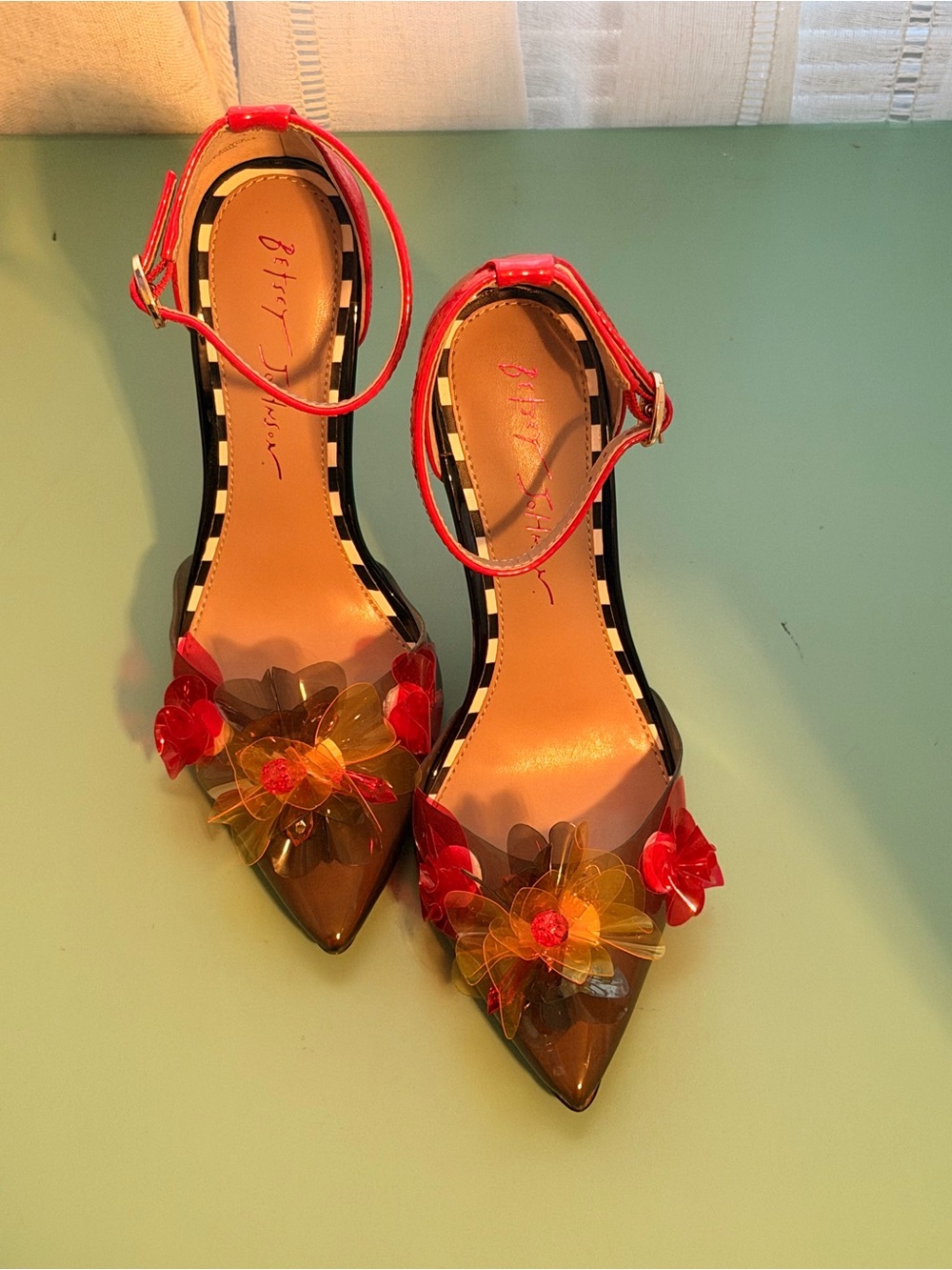 Betsey Johnson Sevvie Red Floral Ankle-Strap Pointed-Toe Flats